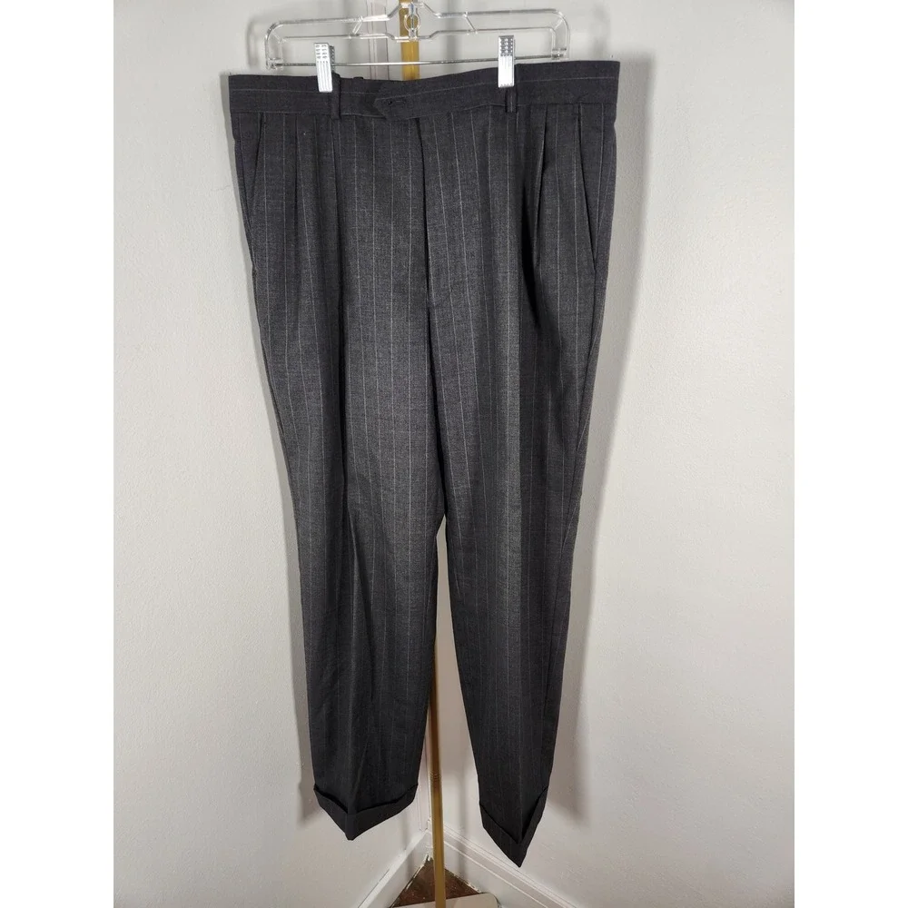 VINTAGE Woolmark 100% Wool Mens Pinstripe Gray Slacks Trousers 36R Pleated Front